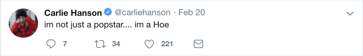 Tweet from Hanson's account reading "im not just a popstar.... im a hoe"