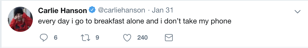 Tweet from Hanson's account reading "every day i go to breakfast alone and i don’t take my phone"