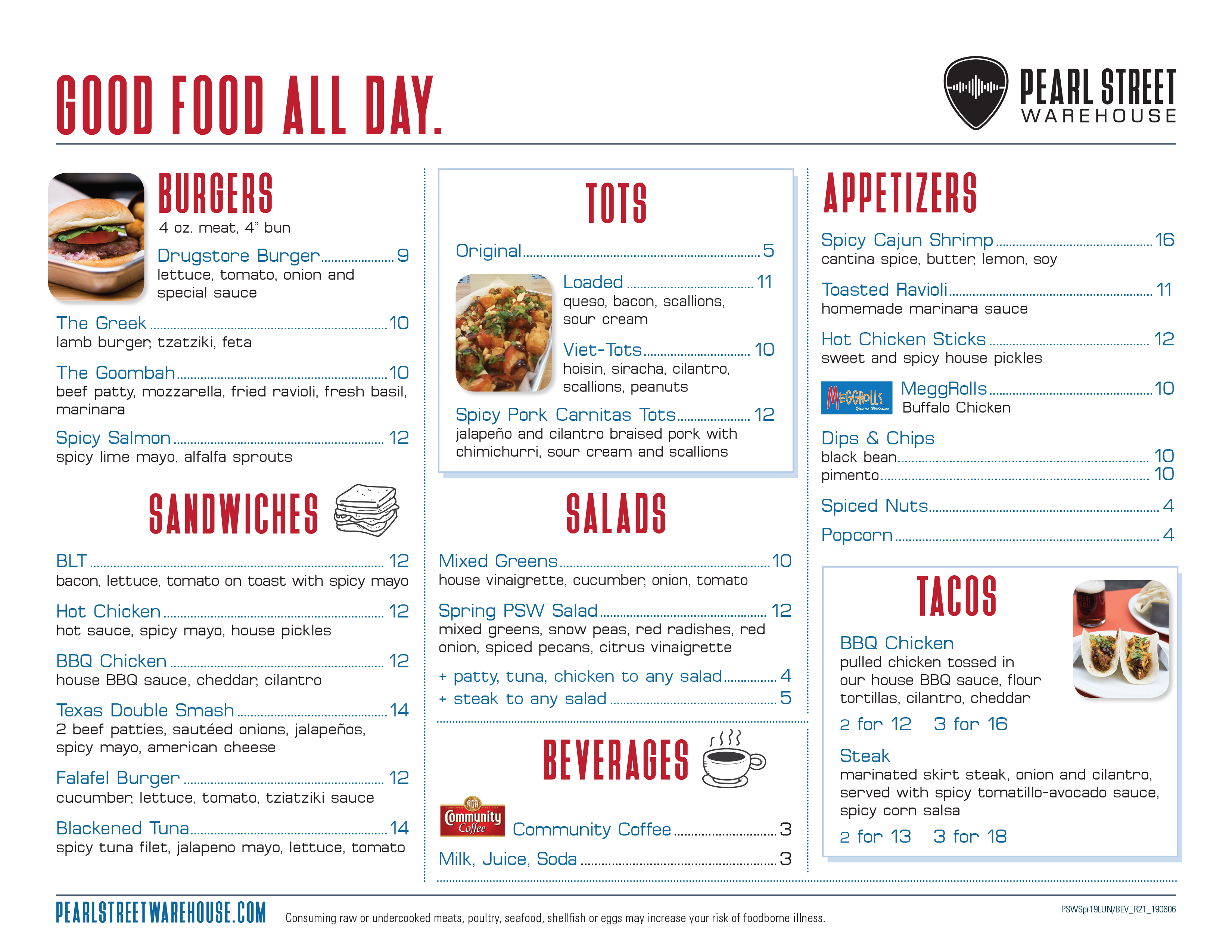 Pearl Street Warehouse All Day Food Menu