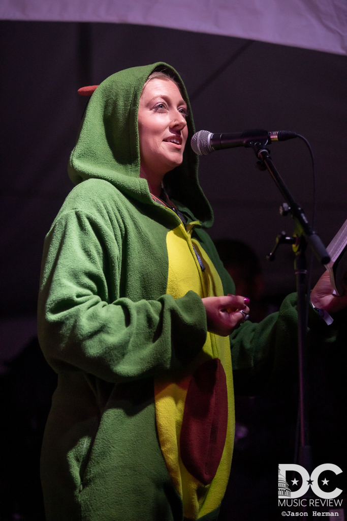 Master of Ceremonies Libby Eddy got into the spirit of onesie night and was the first avocado to ever introduce Leftover Salmon on stage.